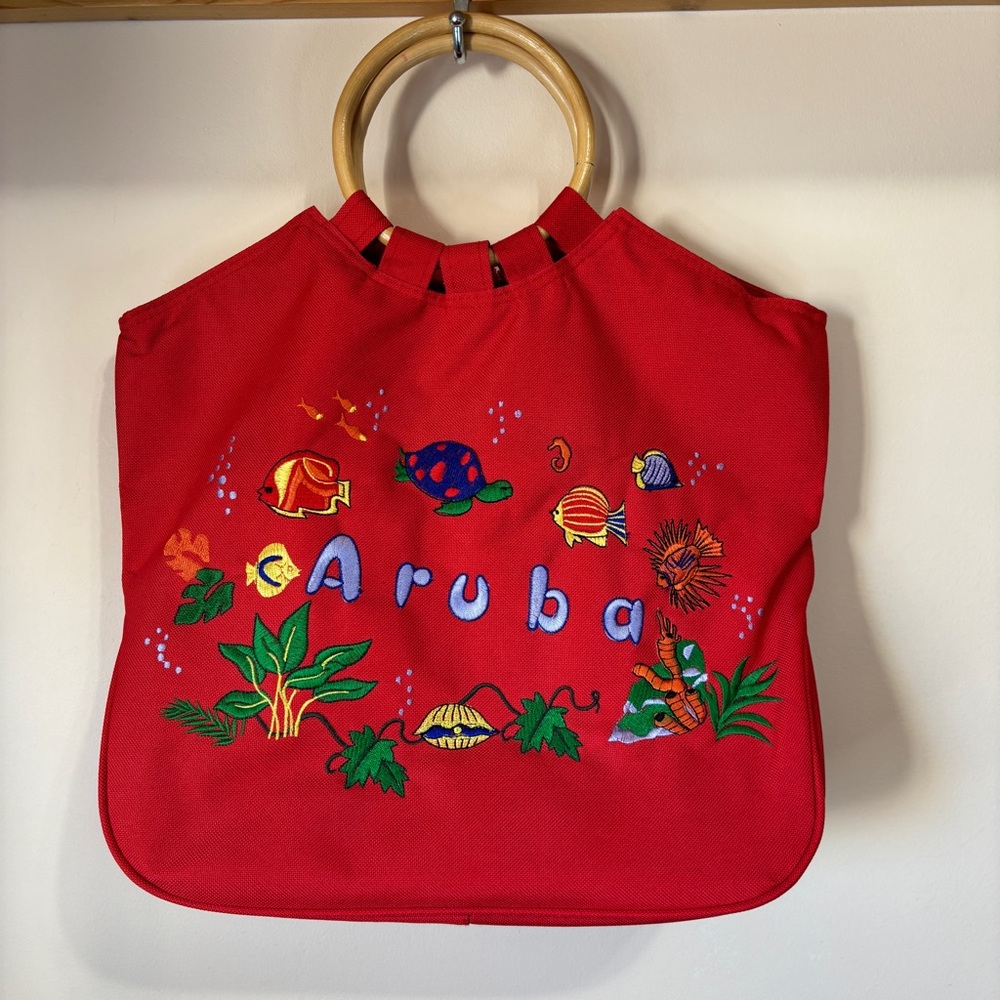 Aruba Bag Canvas Tote Red Embroidered Fish Travel Beach Bag Wood Handle